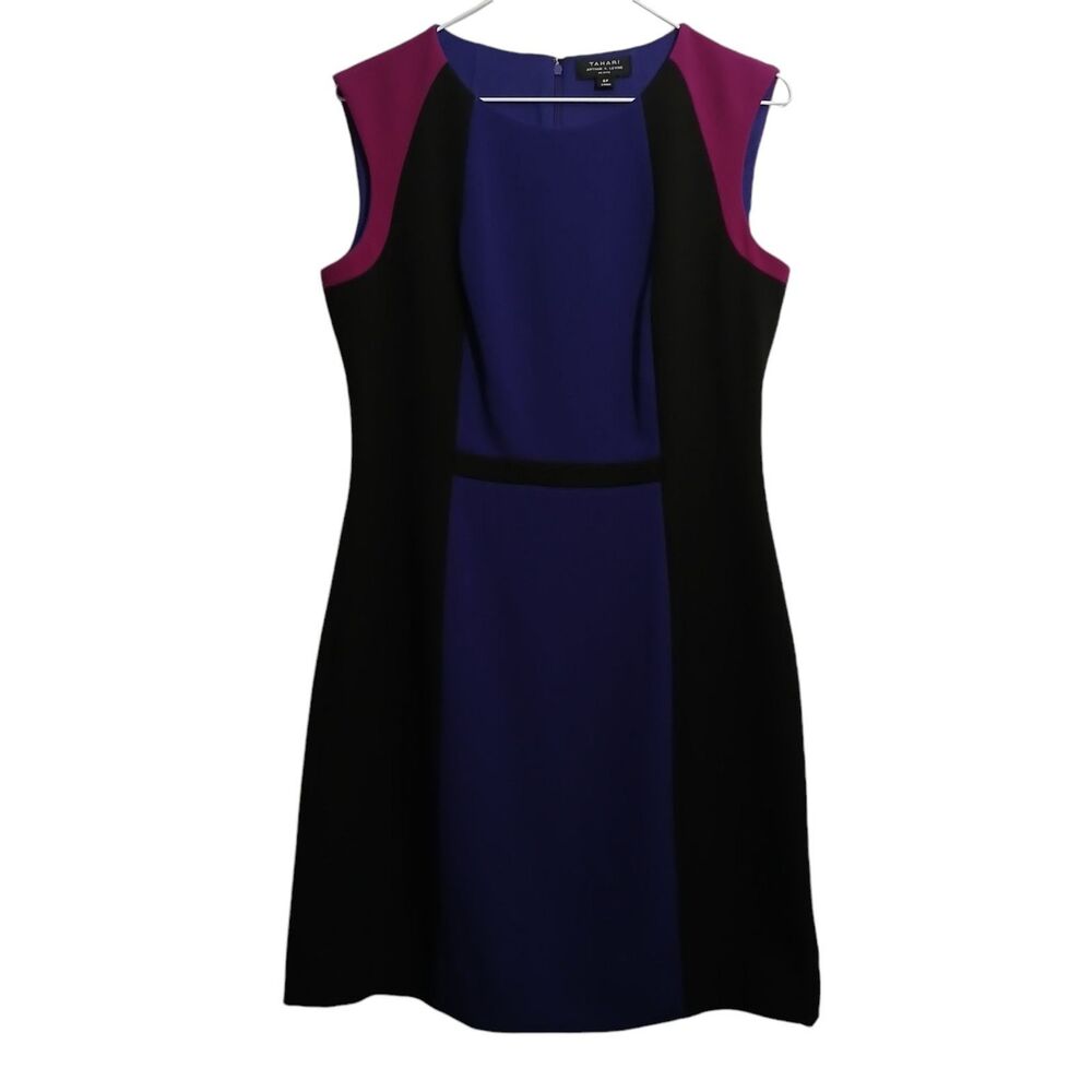 Tahari Arthur S Levine Sheath Dress Women 8P Purple Colorblock Back Zipper Lined